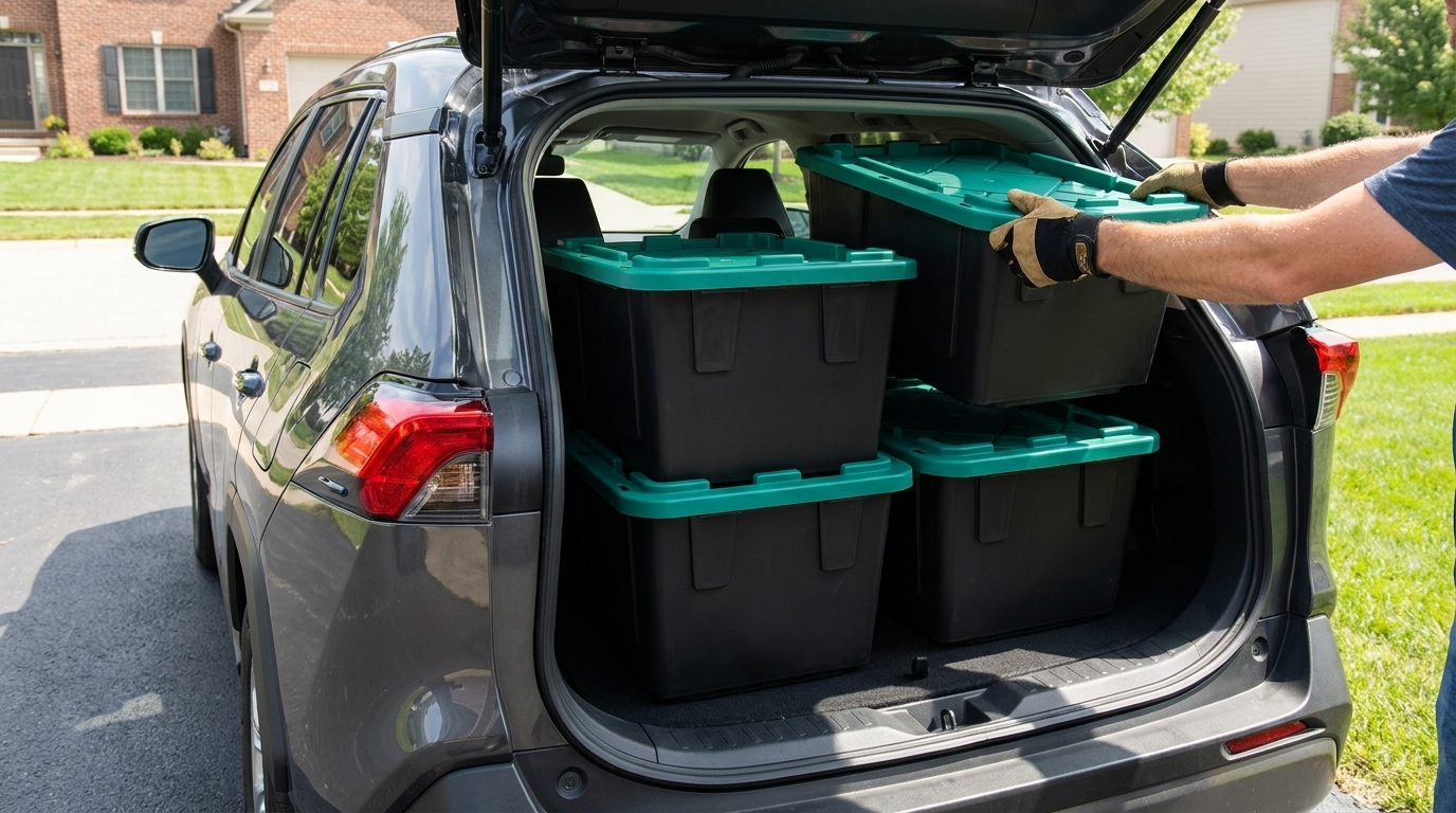 Black moving totes with green lids being loaded into the back of an SUV by a worker in gloves