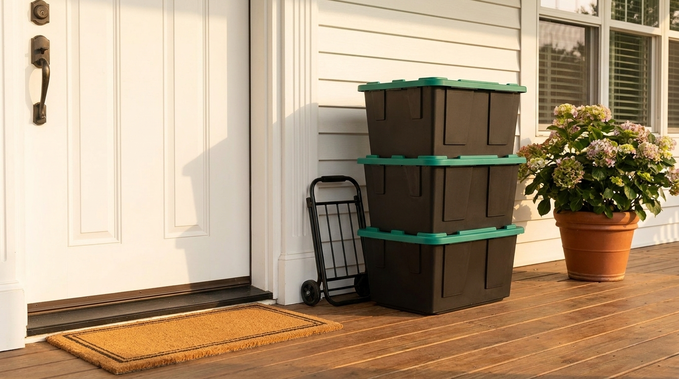 Stack of three black moving totes with green lids and a hand truck delivered on a Lee's Summit front porch
