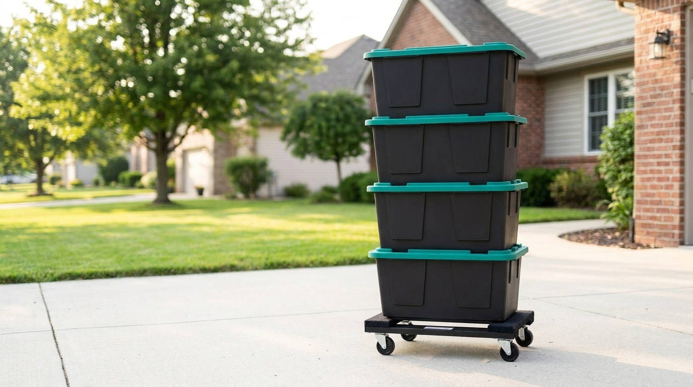 Stack of four black moving totes with emerald green snap-tight lids on a tote dolly in a Lee's Summit driveway